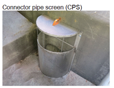 Metal connector pipe screen installed in a concrete stormwater inlet to capture debris 